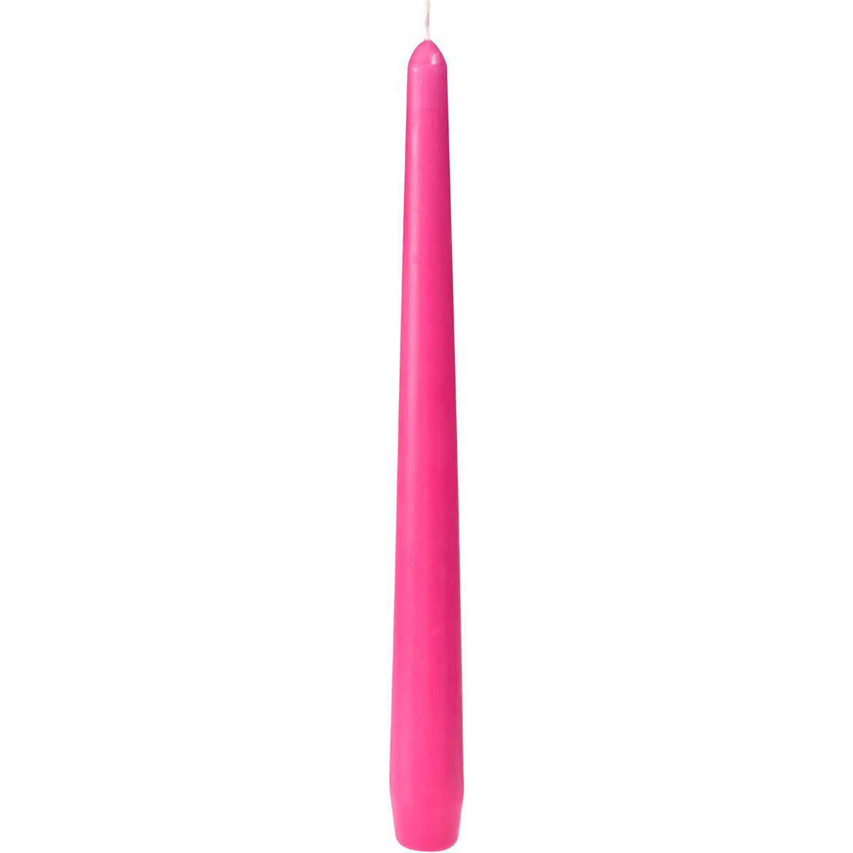 Eine leuchtend rosa Leuchterkerze der Duni GmbH (250 x 22 mm, ca. 7h Brenndauer) steht aufrecht mit glatter Oberfläche und sichtbarem Docht vor weißem Hintergrund.