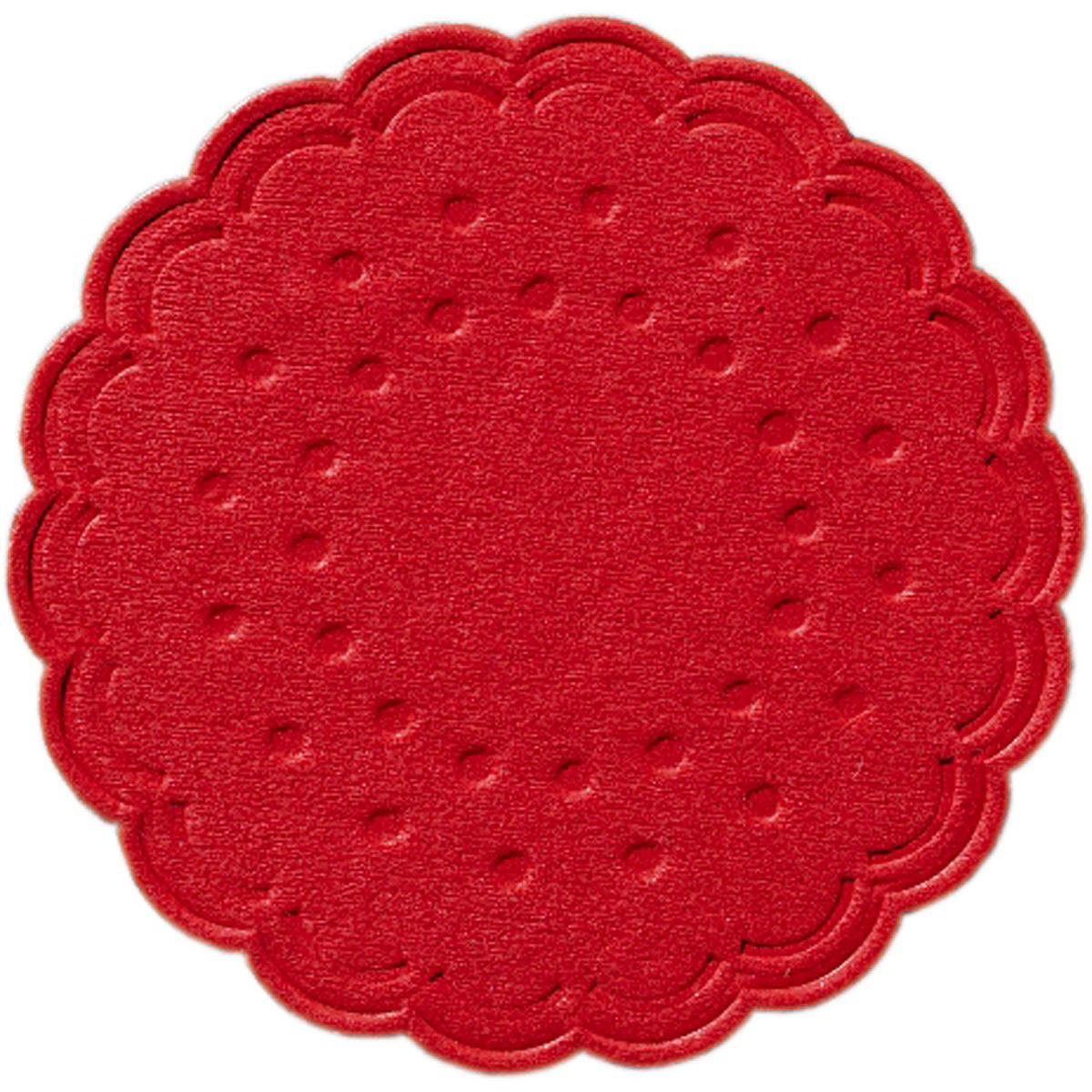 Der Duni GmbH Zelltuch-Untersetzer Ø 7,5 cm, 8-lagig, rot wird in einer Packung mit 250 Stück geliefert. Dieser runde, rote Untersetzer hat einen geriffelten Rand und ein gepunktetes, kreisförmiges Muster, das an einen dekorativen Keks erinnert.