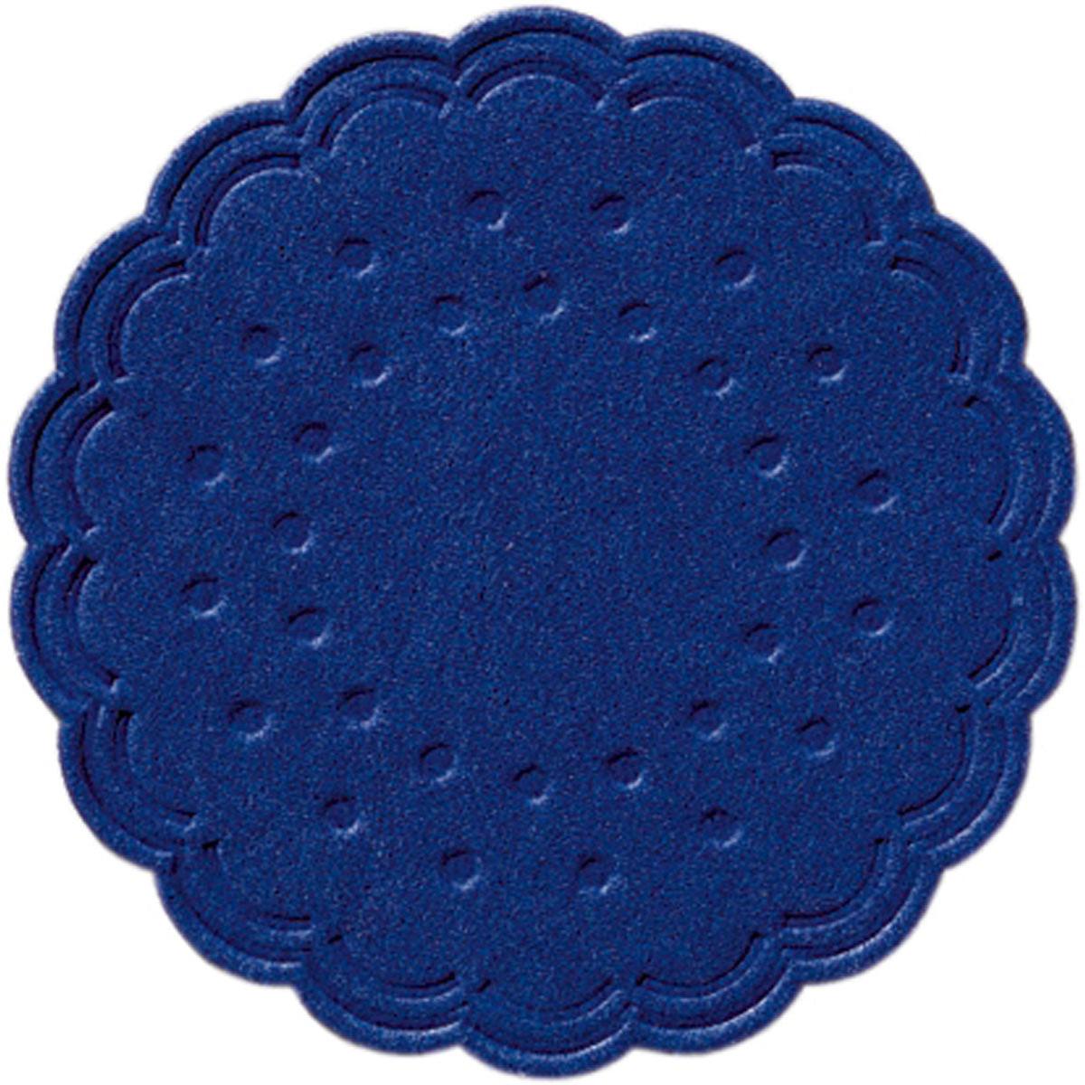 Ein runder, dunkelblauer Zelltuch-Untersetzer (Ø 7,5 cm, 8-lagig) der Duni GmbH hat einen gewellten Rand und kleine Einkerbungen. Abgebildet von oben vor weißem Hintergrund. Verkauft in Packungen zu 250 Stück.