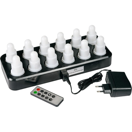 Ein Duni GmbH LED-Set (12er, warmweiß, 70 x 40 mm, 12h), mit schwarzer Ladestation, Fernbedienung und Netzteil wird auf weißem Hintergrund für eine stilvolle LED Beleuchtung präsentiert.