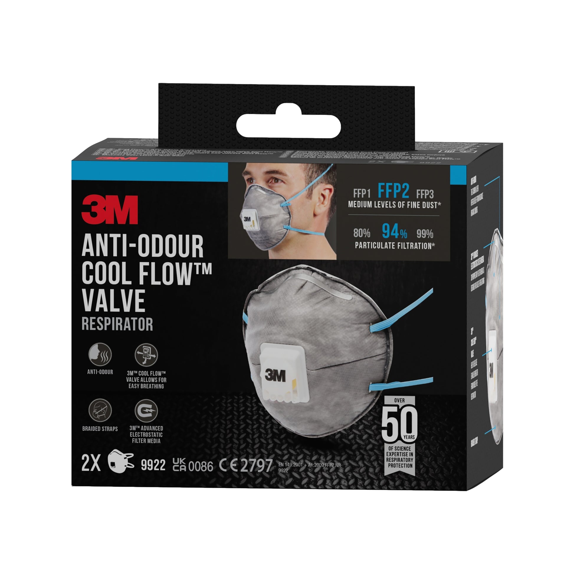 Abgebildet ist eine schwarze Schachtel der 3M™ Cool Flow™ Partikelmaske 9922, FFP2, geruchshemmend mit Ventil (2er-Pack) der 3M Deutschland GmbH mit der Abbildung eines Mannes, der die Maske trägt, und der Einstufung FFP2.