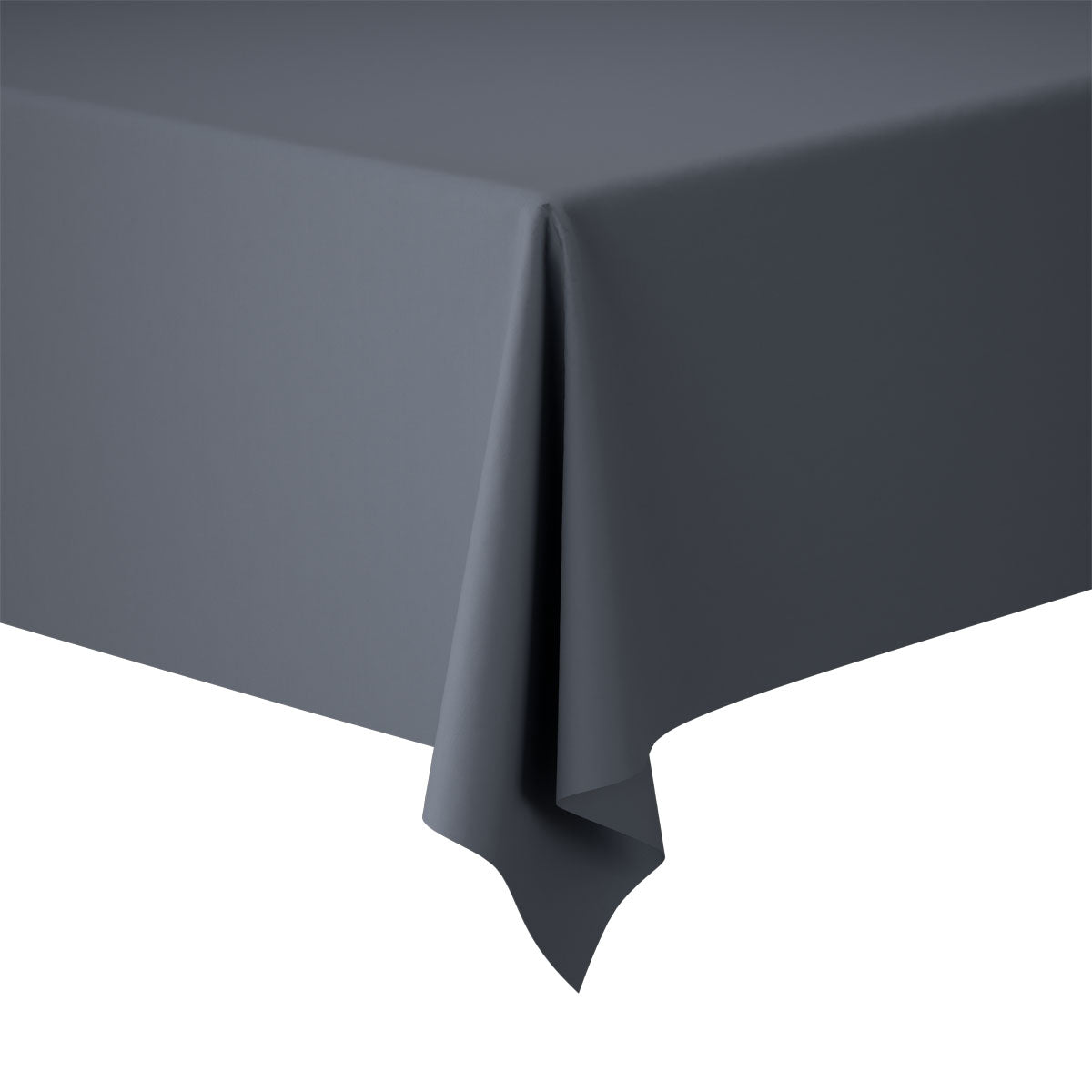 Eine Nahaufnahme der Ecke eines rechteckigen Tisches, der mit einer eleganten Evolin-Tischdecke 127 x 180 cm der Duni GmbH bedeckt ist. Der Hintergrund ist weiß, der Stoff ist sanft über die Kante drapiert.