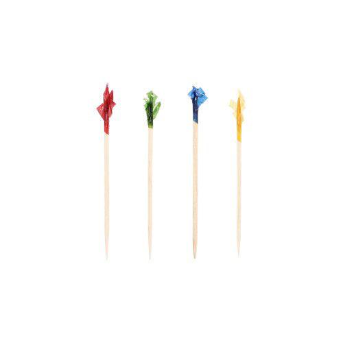 Vier PAPSTAR 1000 Deko-Picker 6,8 cm „Rüschen“ der PAPSTAR GmbH stehen aufrecht, jeweils mit einer roten, grünen, blauen oder gelben Rüsche – eine ideale Möglichkeit, Ihrer Tischdekoration Farbe auf einem schlichten weißen Hintergrund zu verleihen.