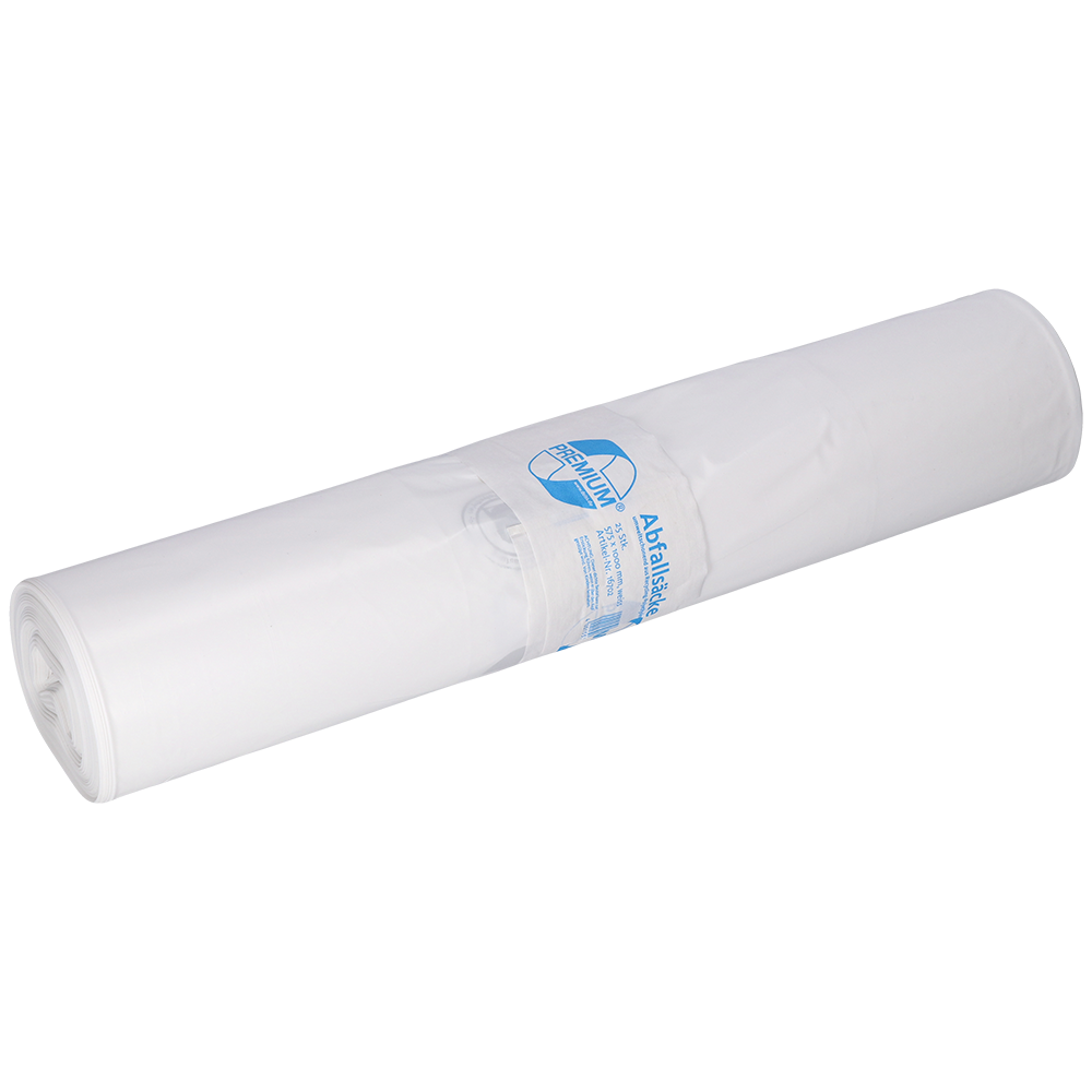 Eine Rolle EMIL DEISS KG (GmbH + Co.) DEISS 16702 Kunststoffbeutel, 575x1000 mm Typ 60 weiss, Packung (25 Stück), ist mit einer blau-weißen Banderole und dem Etikett "Papier weiss" auf weißem Hintergrund versehen.