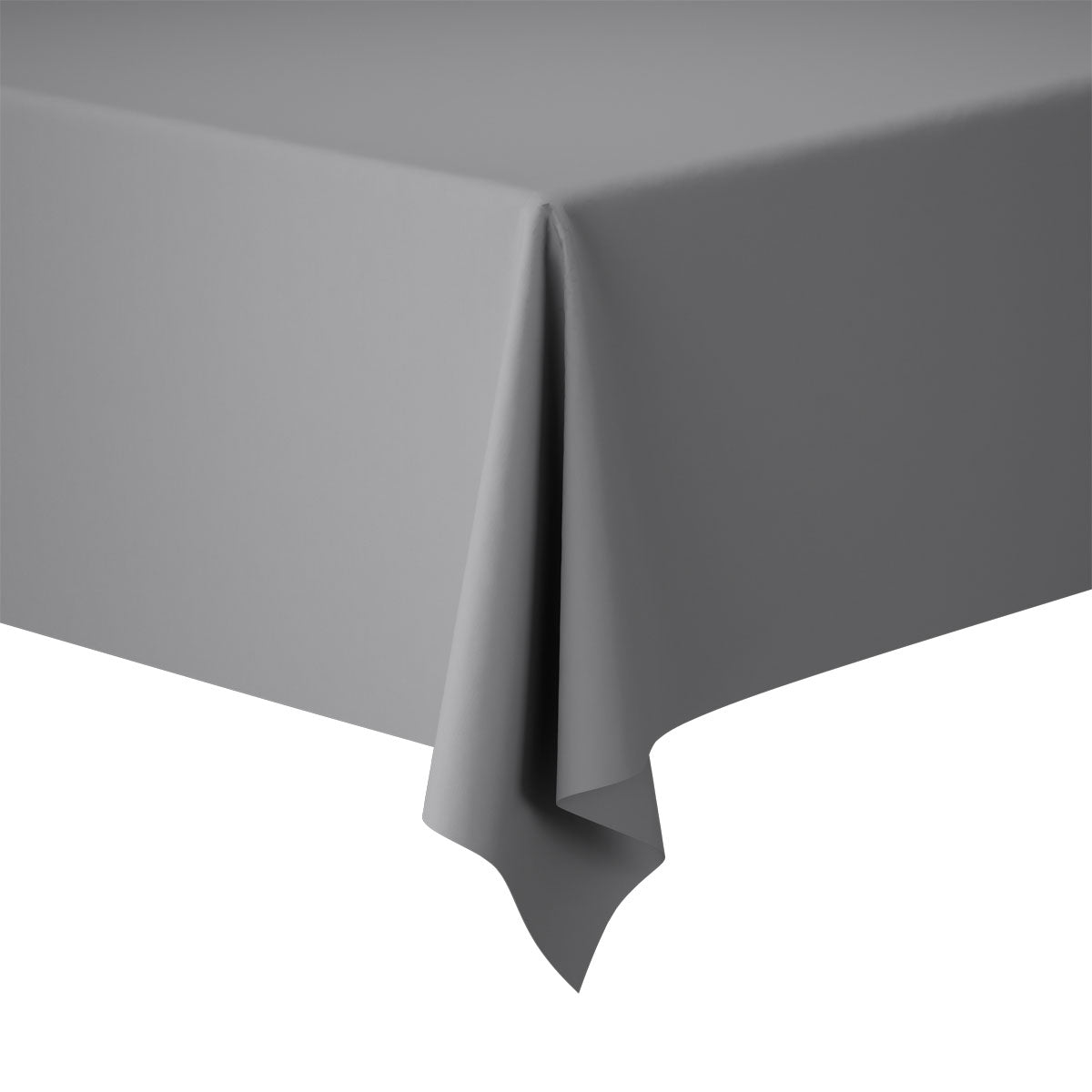 Nahaufnahme einer rechteckigen Tischecke, die mit einer glatten, unifarbenen grauen Duni GmbH Evolin-Tischdecke 127 x 180 cm bedeckt ist, vor einem weißen Hintergrund.