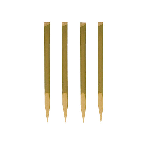 Vier umweltfreundliche PAPSTAR 200 Fingerfood-Spieße „Nature“ (11 cm) aus Holz stehen mit flachen Köpfen und spitzen Enden aufrecht in einer Reihe vor weißem Hintergrund.