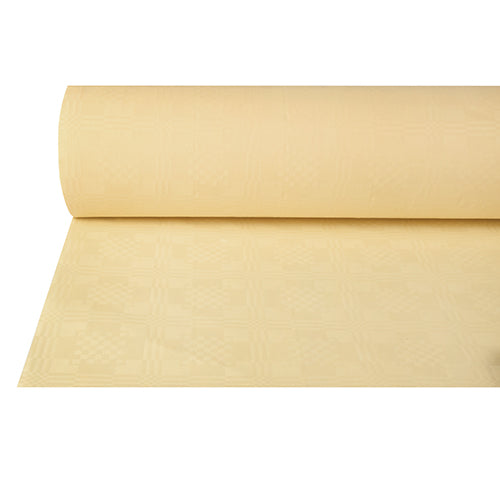 Auf weißem Untergrund ist ein teilweise abgerolltes Papiertischtuch mit Damastprägung (50 m x 1 m) der PAPSTAR GmbH in Hellgelb mit dezenter Karoprägung abgebildet.