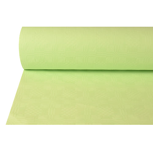 Ein teilweise abgerolltes PAPSTAR Papiertischtuch mit Damastprägung (50 m x 1 m, PAPSTAR GmbH) in Hellgrün zeigt seine glatte, dezent gemusterte Oberfläche – ideal für festliche Anlässe. Der Untergrund ist weiß.