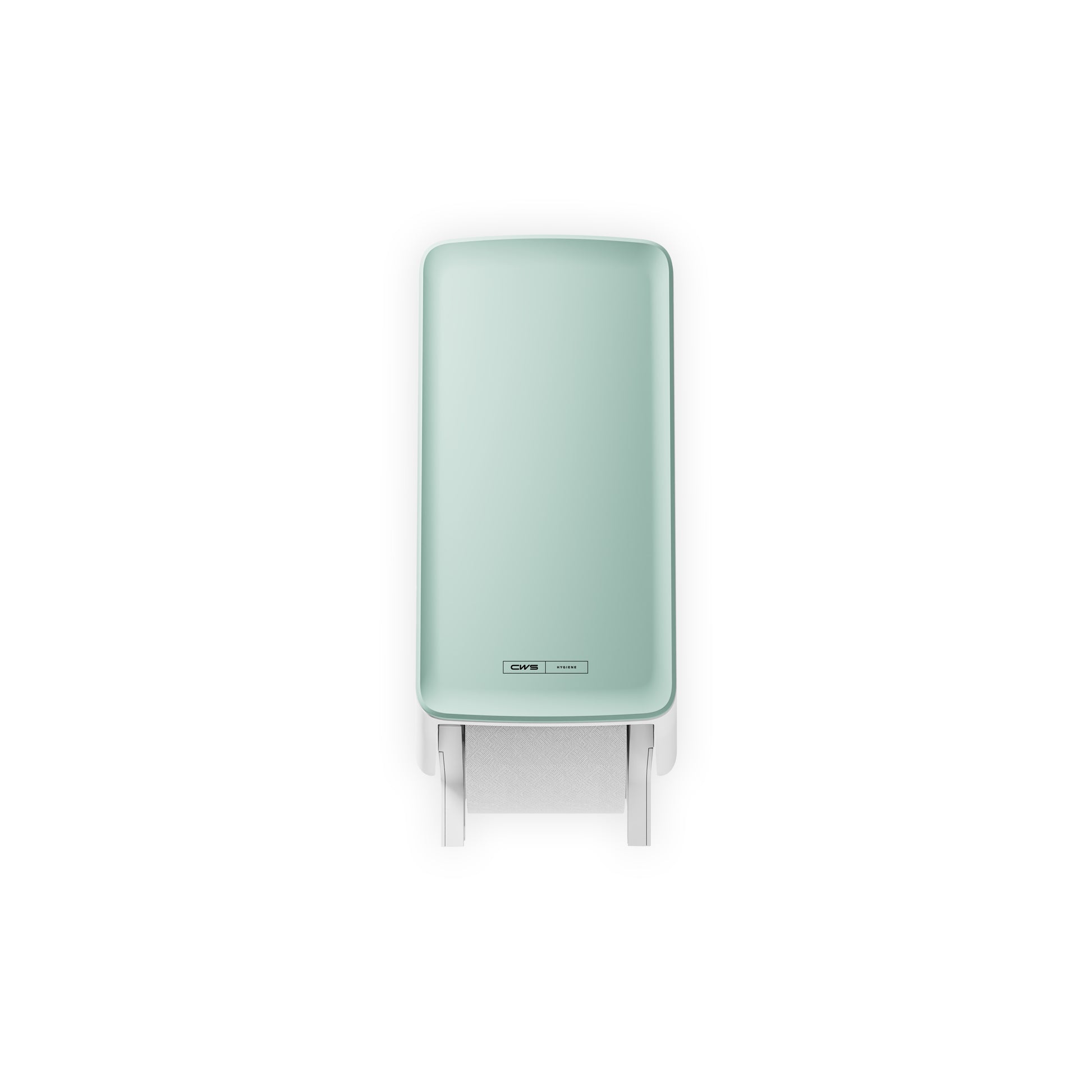 Das CWS PureLine Frontpanel für den Toilettenpapierspender von CWS, abgebildet in Mintgrün mit einem sichtbaren Blatt, das von unten herabhängt, wird an der Wand montiert und vor einem weißen Hintergrund fotografiert, um einen hygienischen Look zu erzielen.
