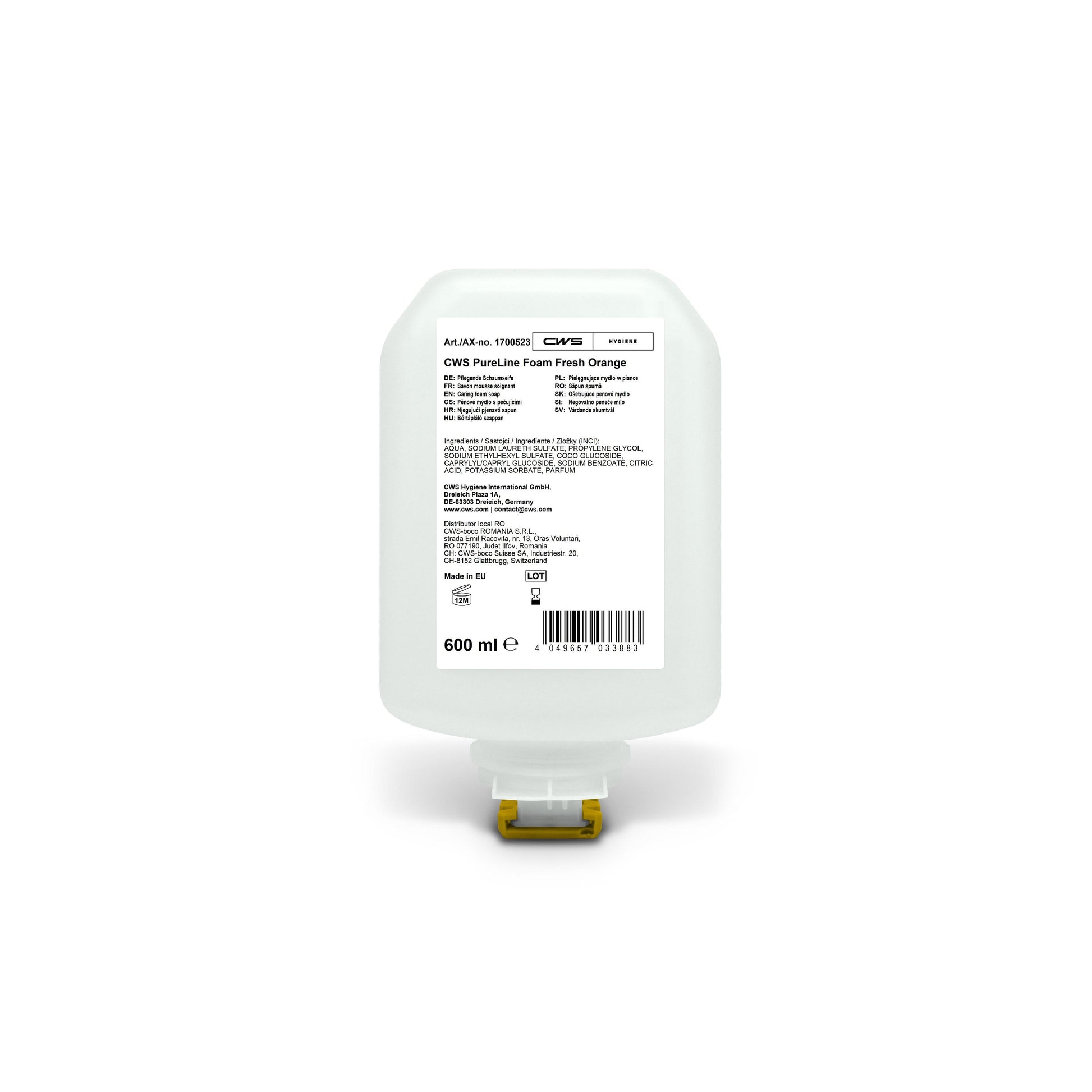 Eine 600-ml-Nachfüllkartusche des CWS PureLine Foam Standard Handhygienespenders, beschriftet mit Produktangaben und Zutatenliste in mehreren Sprachen auf weißem Hintergrund.