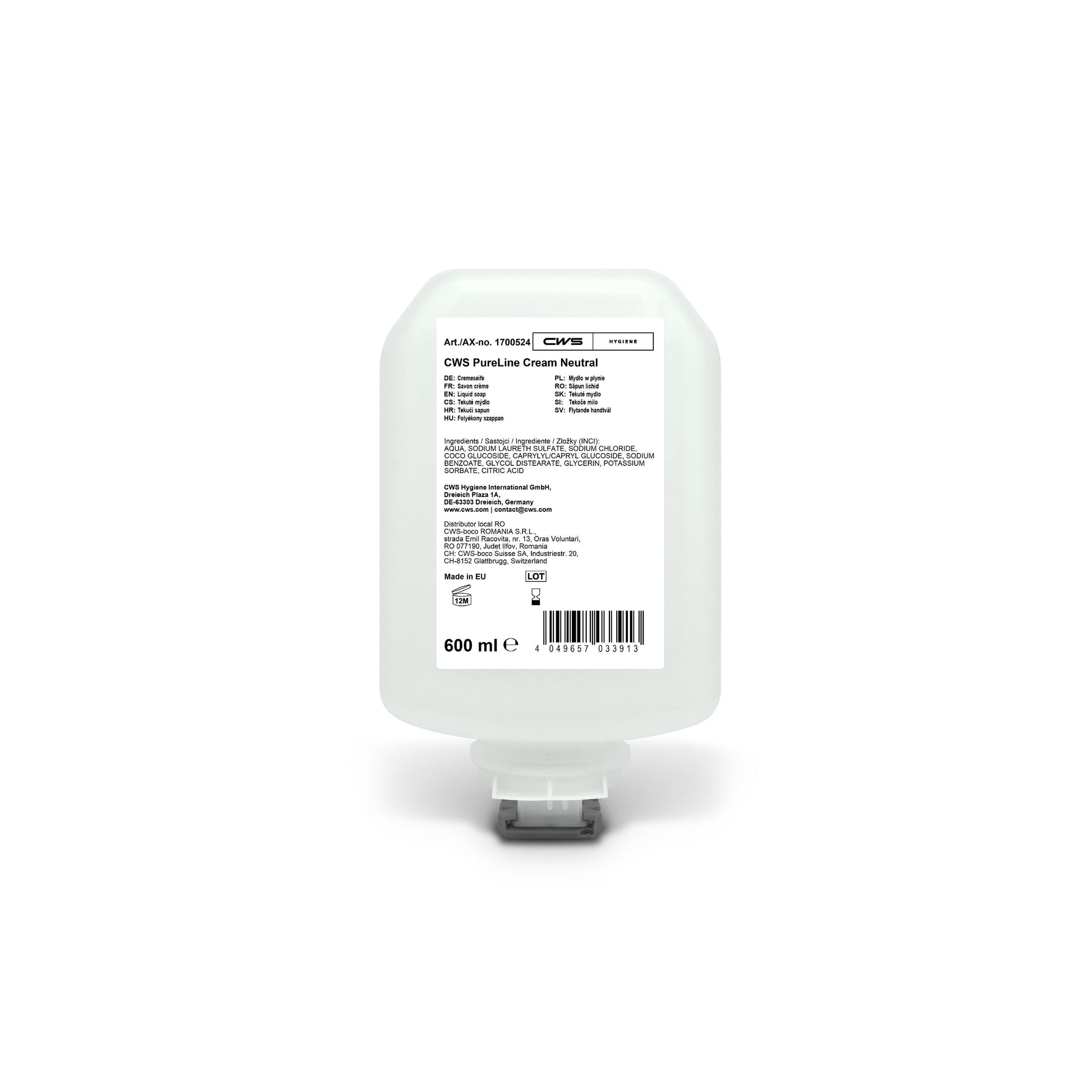 Die CWS PureLine Cream Neutral 600 ml Flasche wurde für die tägliche Anwendung auf empfindlicher Haut entwickelt und ist mit Inhaltsstoffen und Produktinformationen auf einem weißen Etikett mit transparentem Bodenverschluss versehen.