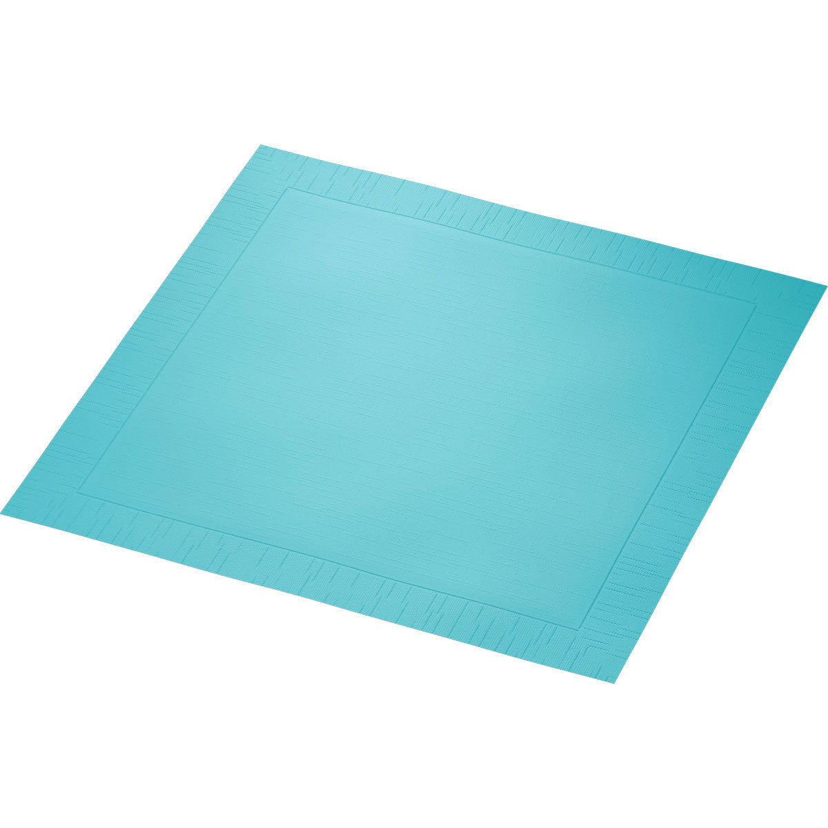 Ein rechteckiges, aquablaues Einweg-Papier-Platzset mit geprägtem Rand ist auf weißem Hintergrund abgebildet. Passt perfekt zu den Duni GmbH Klassikservietten 40 x 40 cm, 4-lagig, geprägt, 1/4 Falz für einen stilvoll gedeckten Tisch.