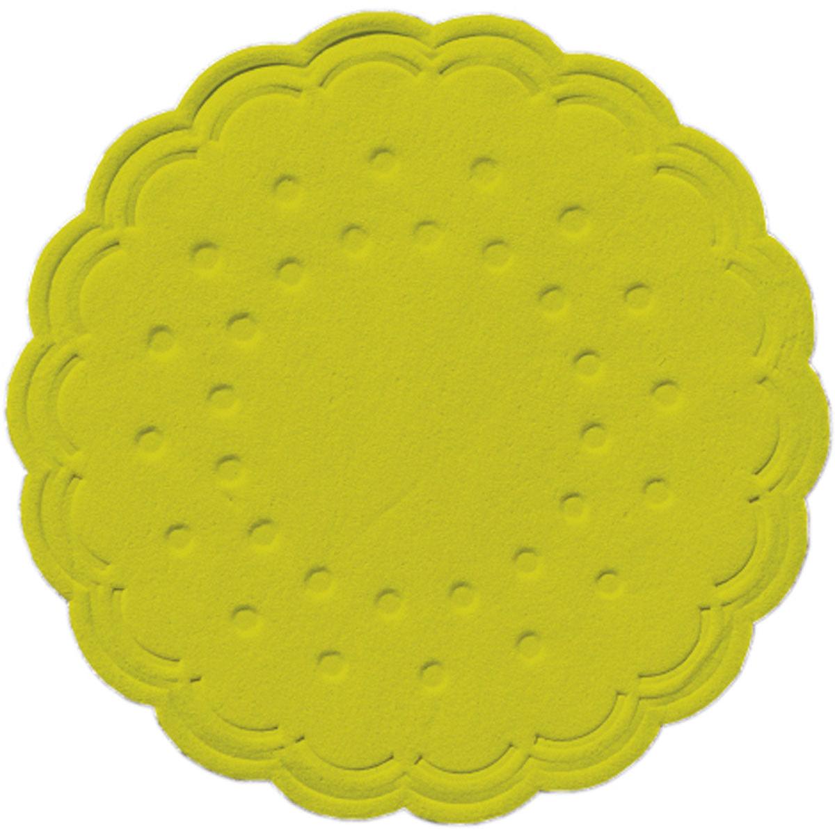 Ein runder, gelber Zelltuch-Untersetzer Ø 7,5 cm (8-lagig) von Duni GmbH, der an einen überbackenen Keks mit Punktmuster erinnert - erhältlich in einer Packung mit 250 Stück in der Farbe Kiwi.