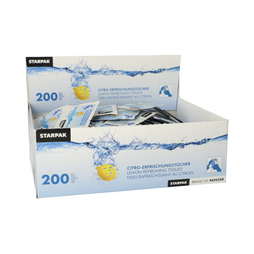 Eine rechteckige Displaybox mit der Aufschrift „Starpak“ enthält 200 einzeln verpackte Erfrischungstücher „Citro“ (14x14 cm). Die Verpackung zeigt eine im Wasser plantschende Zitrone und ist mit dem Markennamen Starpak versehen.