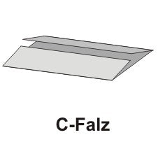 Eine Abbildung eines in drei Abschnitte gefalteten Blattes mit Überlappung von Ober- und Unterseite, beschriftet mit „C-Falz“, wie es für PAPSTAR Handtuchpapier C-Falz 50 cm x 25 cm natur 1-lagig (120 Blätter) der PAPSTAR GmbH verwendet wird.