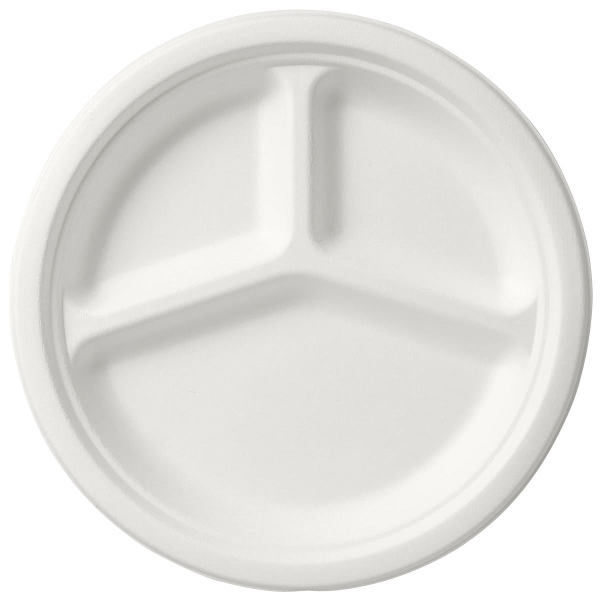 Ein runder, weißer Teller 3-geteilt Ø26 cm von Duni GmbH, hergestellt aus biologisch abbaubarer Bagasse, verfügt über drei separate Fächer - ideal für den umweltfreundlichen Einweggebrauch. Verkauft in einer Packung mit 50 Stück.