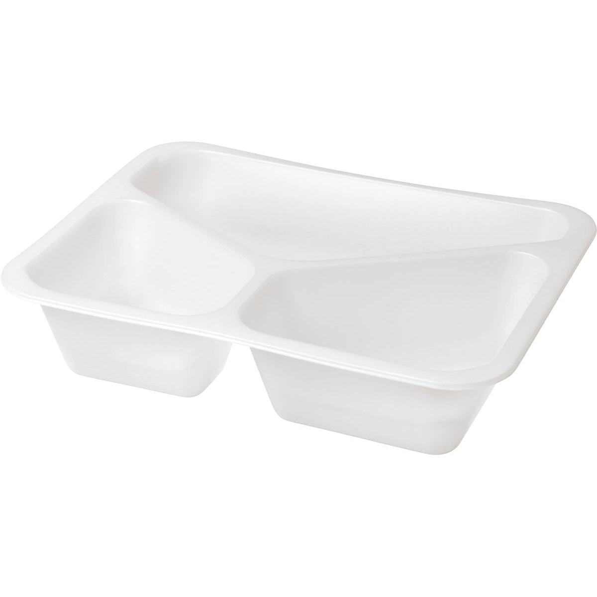 Die Duni GmbH Siegelschale Caterline 3 Weiß Biokunststoff 227x178x50 mit drei Fächern ist eine umweltfreundliche Verpackungslösung für Catering, erhältlich als Packung mit 216 Stück.