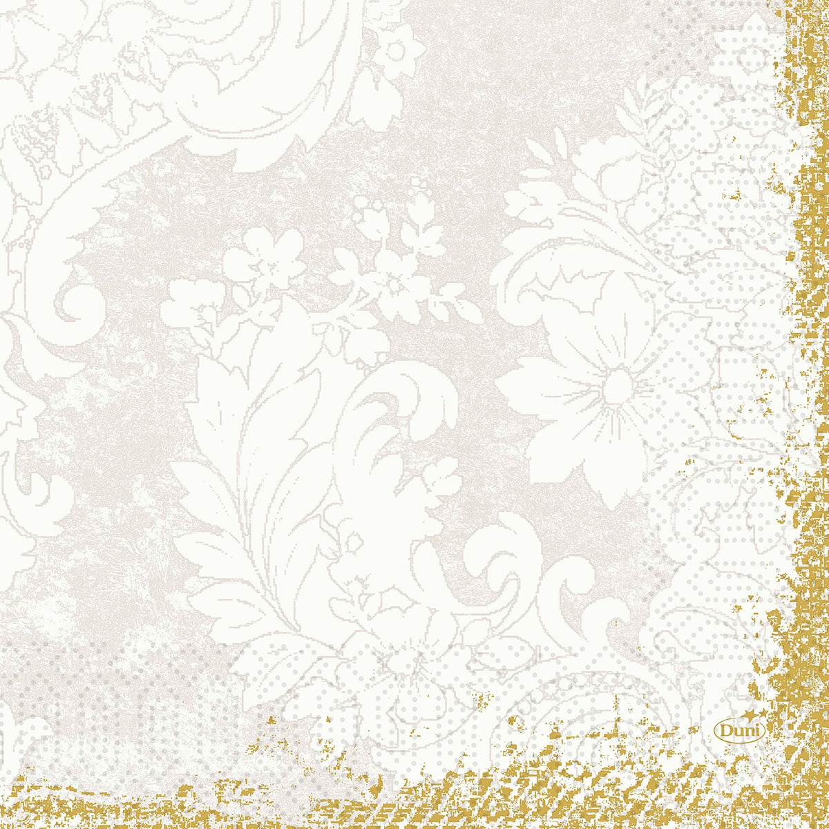 Die Duni GmbH Zelltuchservietten 33 x 33 cm 3-lagig Royal weiß zeigen ein weißes Blumenspitzenmuster auf Beige mit Goldbordüren an zwei Kanten und einem kleinen "Duni"-Logo, verpackt in 250er-Sets.