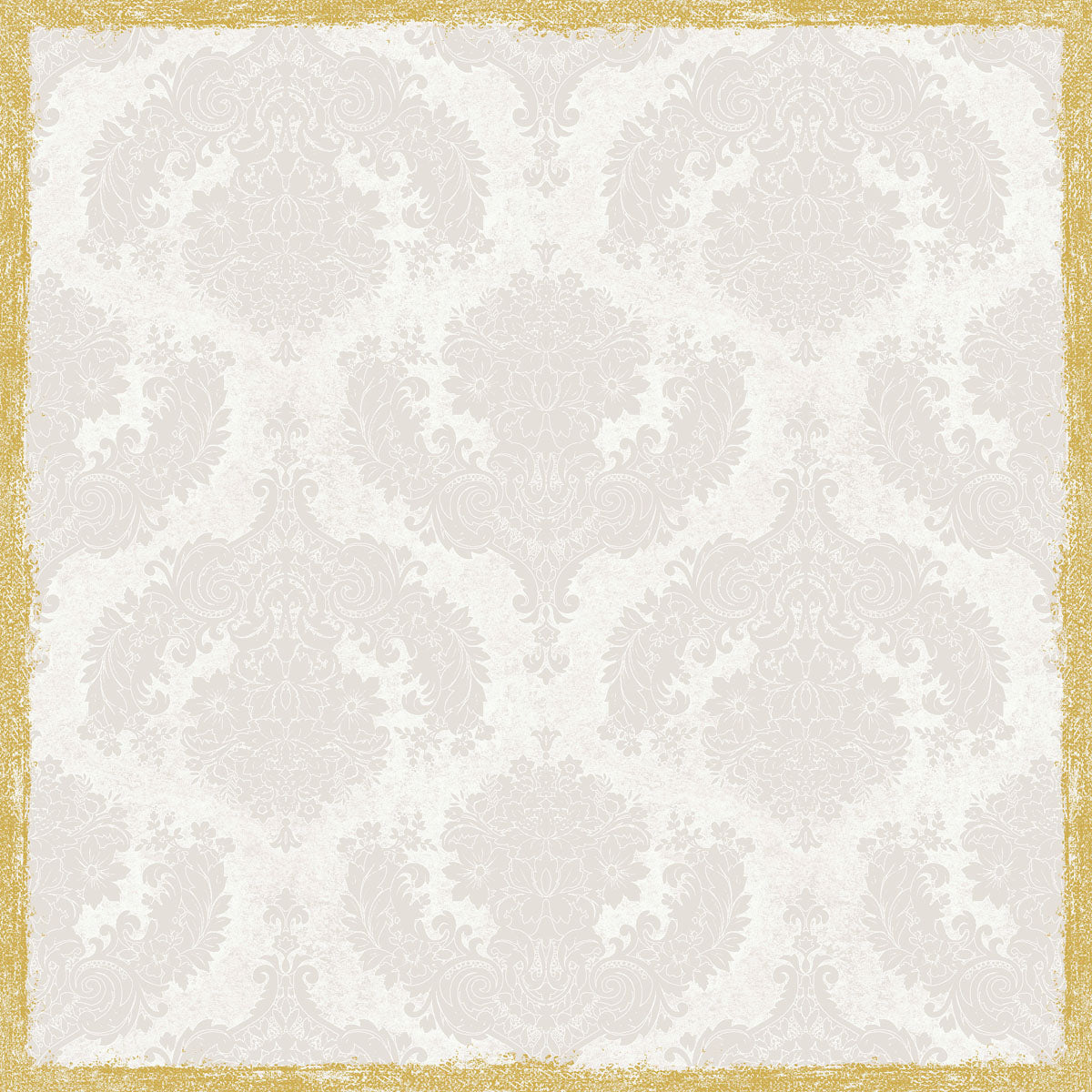 Ein hellbeiges Vintage-Damastmuster mit verschnörkelten Blumen und einer Goldbordüre - ideal für Dunicel-Mitteldecken 84 x 84 cm Royal white von Duni GmbH (Packung mit 20 Stück) für einen elegant gedeckten Tisch.