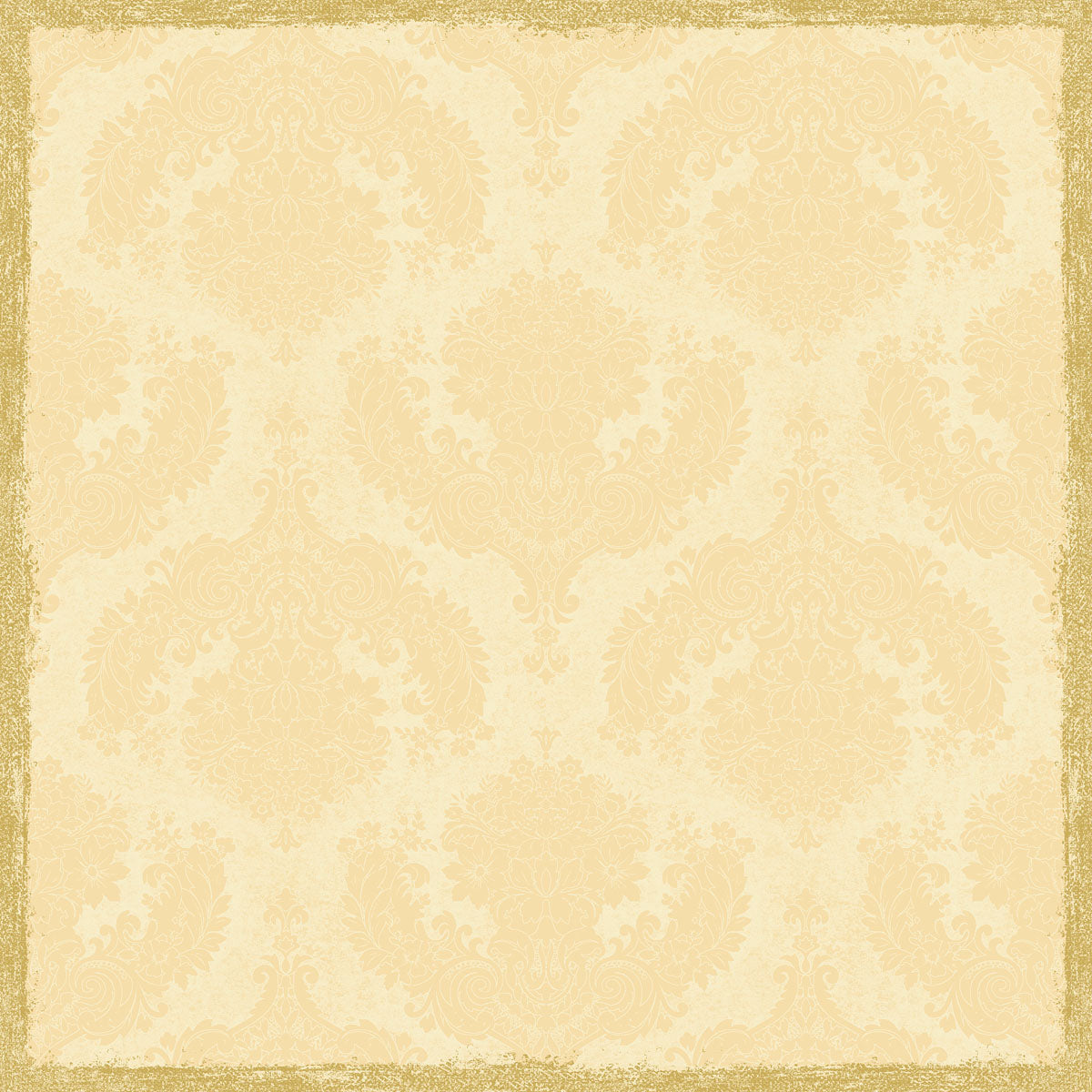 Eine quadratische Dunicel-Mitteldecke 84 x 84 cm von Duni GmbH zeigt ein beige und hellgoldenes Damast-Blumenmuster mit einem strukturierten Goldrahmen. Dieses elegante Design ist perfekt für die Tischdekoration. Die Packung enthält 20 Stück, Royal creme.