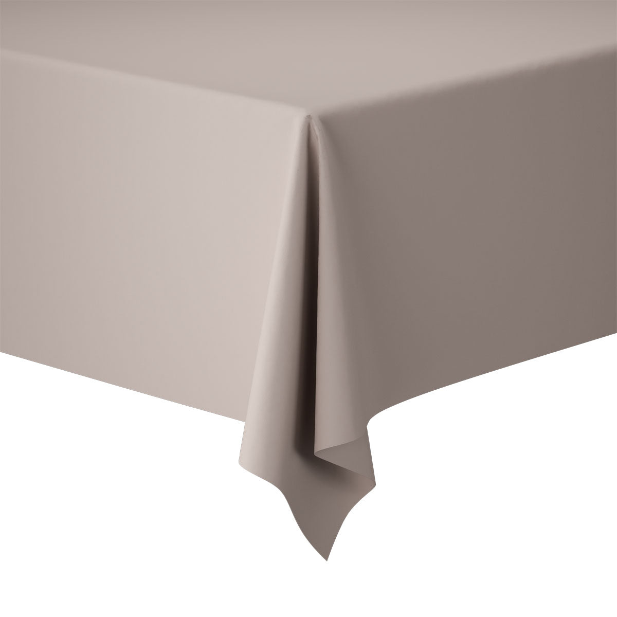Nahaufnahme eines rechteckigen Tisches mit den Evolin-Tischdecken 127 x 180 cm der Duni GmbH in eleganter Leinenoptik, glatt über eine Ecke drapiert, vor einem schlichten weißen Hintergrund.