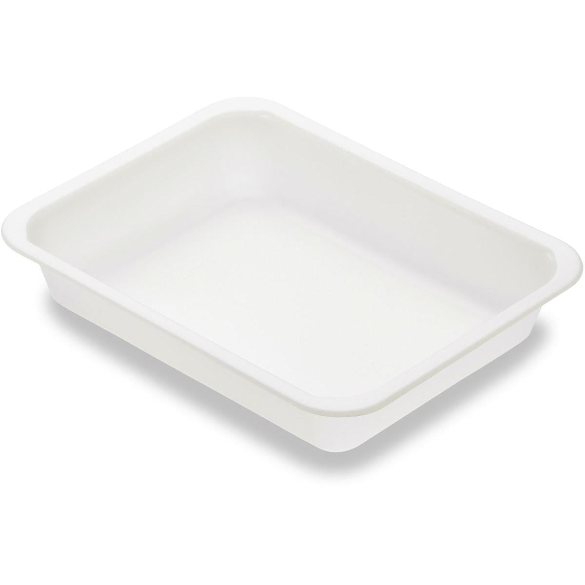 Die Duni GmbH Siegelschale Caterline Biokunststoff Weiß (227x178), eine weiße rechteckige Schale mit abgerundeten Kanten, bietet eine umweltfreundliche Lösung für Lebensmittelverpackungen oder allgemeinen Verpackungsbedarf.