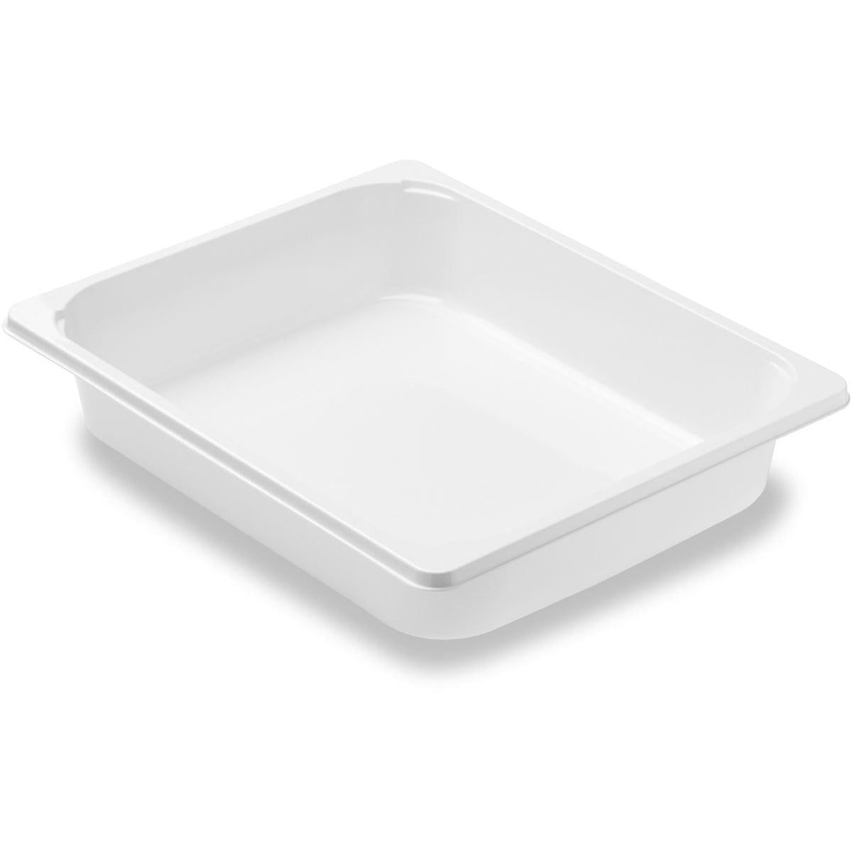 Eine weiße Duni GmbH CPET-Schale 1/2 GN (325x265 mm) aus lebensmittelechtem CPET, mit leicht abgewinkelten Seiten und abgerundeten Ecken, ist leer auf einem weißen Hintergrund mit glatter Oberfläche abgebildet.