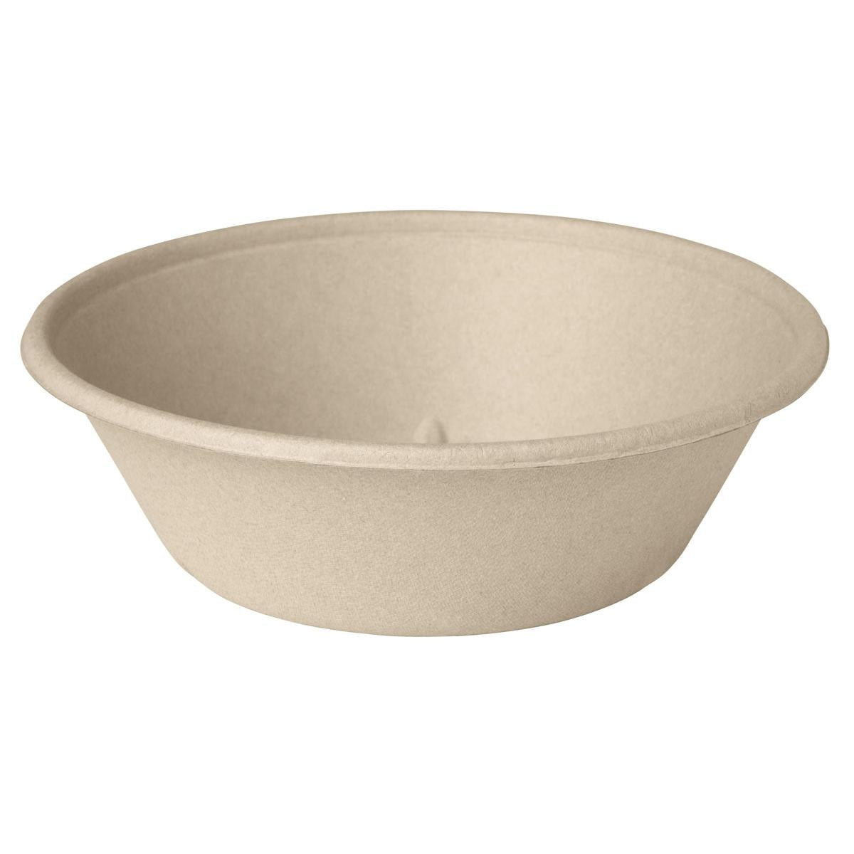 Die Salatschale Bagasse Braun von Duni GmbH ist rund, aus biologisch abbaubarem, kompostierbarem Material gefertigt und wird vor weißem Hintergrund präsentiert.