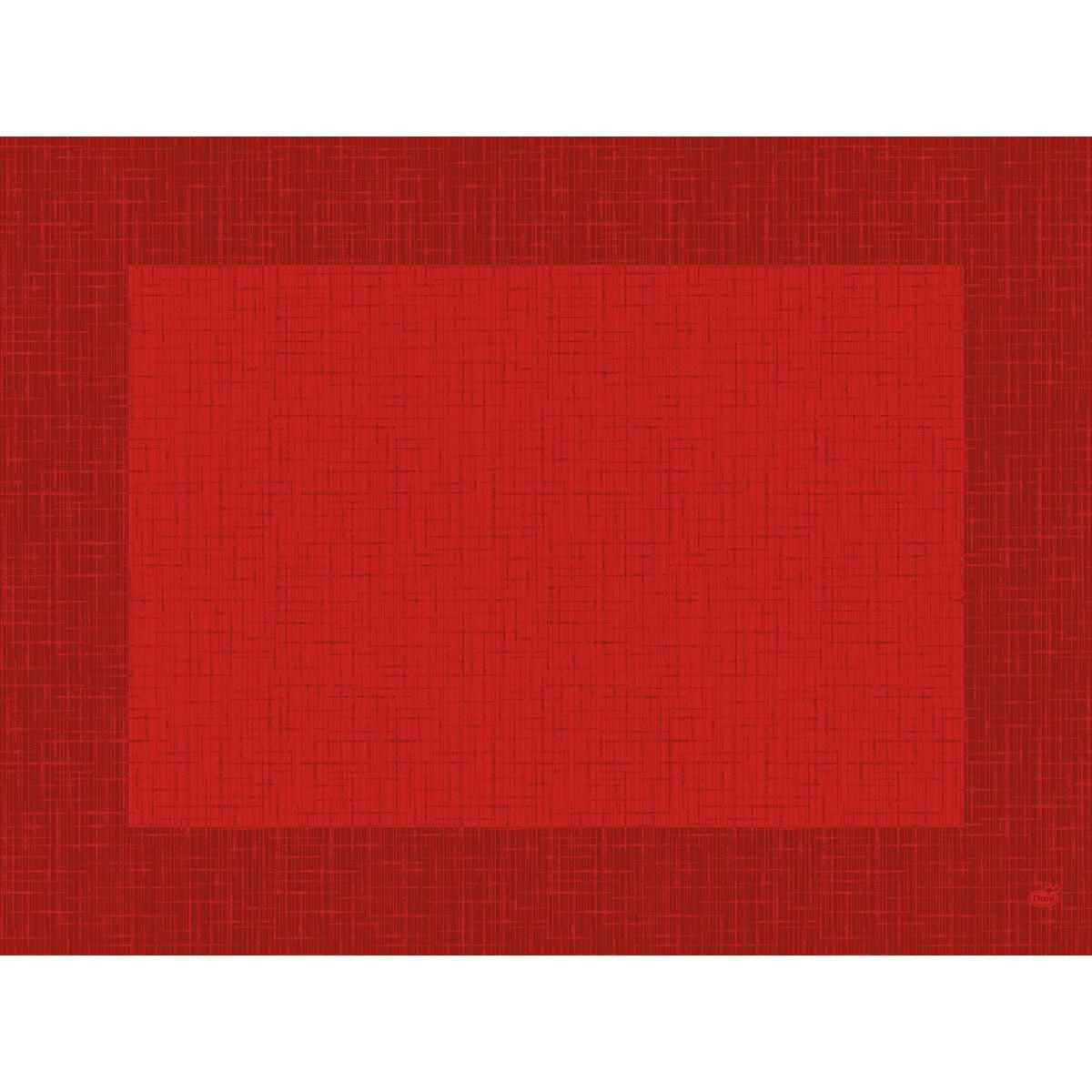 Die Dunicel-Tischsets 30 x 40 cm Linnea rot der Duni GmbH sind rote, quadratische Tischsets mit einem umrandeten, strukturierten Gittermuster und einem kleinen Logo in der rechten unteren Ecke. Jede Packung enthält 100 Stück.