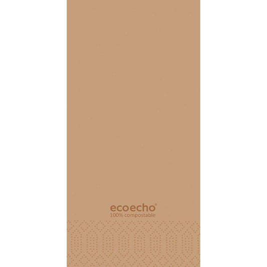 Auf der hellbraunen Oberfläche mit dezentem geometrischem Muster steht der Text "ecoecho® 100% kompostierbar". Duni GmbH Zelltuchservietten 40 x 40 cm 2-lagig, 1/8 Buchfalz EcoEcho, Packung (300 Stück).