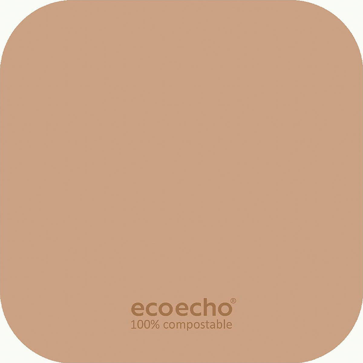 Ein Quadrat mit abgerundeten Ecken in Hellbraun. "EcoEcho 100% kompostierbar" in kleiner Schrift am unteren Rand - ideal als Duni GmbH Zelltuch-Untersetzer 8,5x8,5 cm 8-lagig (250 Stück) für umweltfreundliche Veranstaltungen.