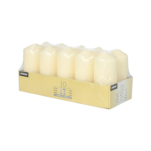 Eine Packung mit 10 weißen Starpak Stumpenkerzen (Ø 40 mm, 90 mm) aus transparentem Kunststoff und einem beschrifteten Kartontablett – ideal für Hochzeiten oder um zu Hause eine gemütliche Atmosphäre zu schaffen.