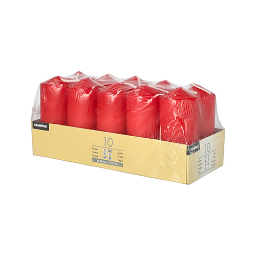 Eine Packung mit zehn Starpak Stumpenkerzen (Ø 40 mm, 90 mm), in zwei Reihen angeordnet und in durchsichtigem Kunststoff mit einem beigen Etikett verpackt – perfekt, um bei Ihrer nächsten Zusammenkunft eine romantische Atmosphäre zu schaffen.