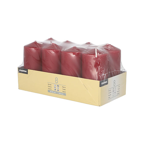 Eine Packung mit acht Starpak 8 Stumpenkerzen Ø 50 mm · 100 mm ist in zwei Reihen angeordnet, in durchsichtige Folie eingewickelt und in einer beigen Schale mit der Aufschrift „8“ und Produktdetails untergebracht – ideal, um eine gemütliche Atmosphäre zu schaffen.