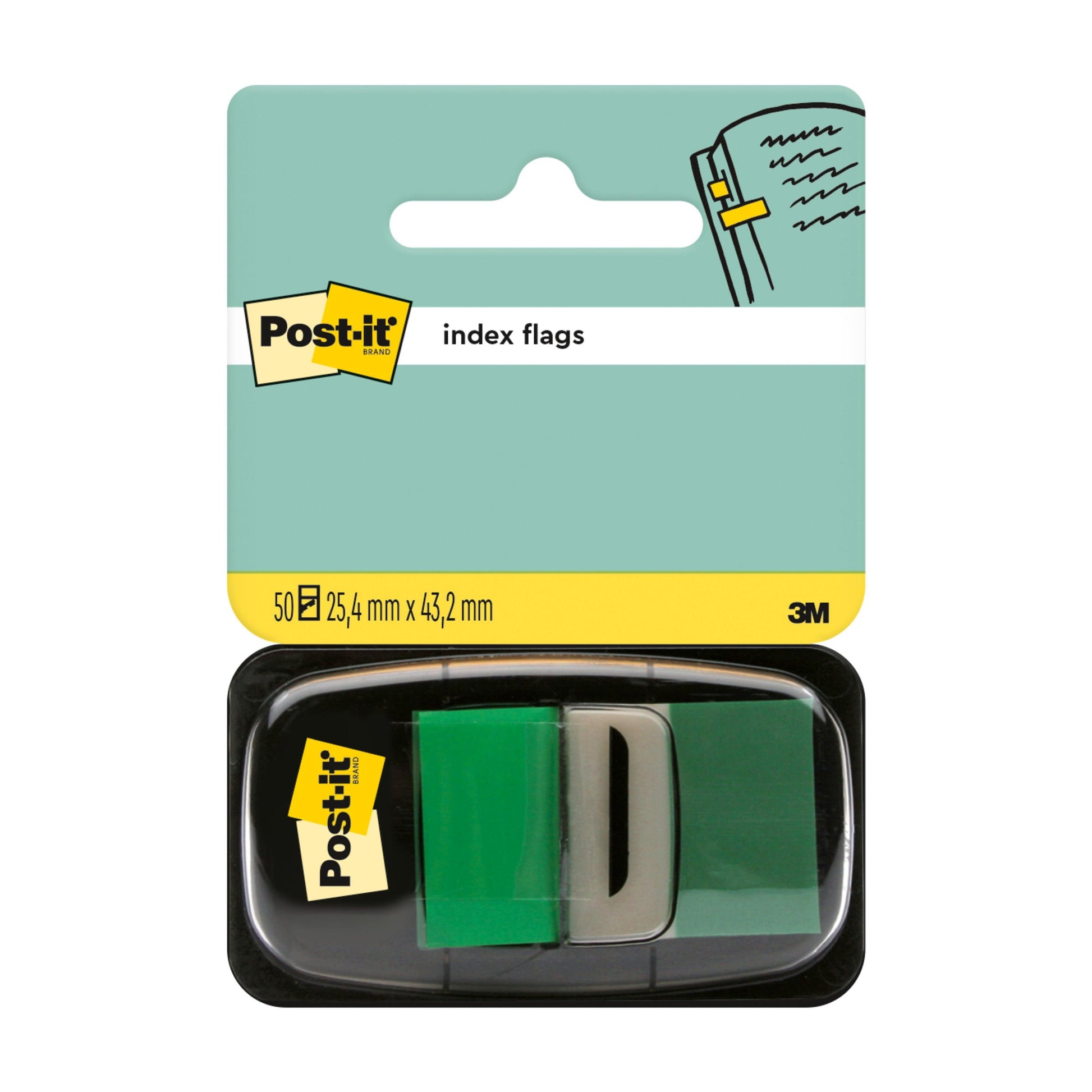 Eine Packung 3M Deutschland GmbH Post-it® Index Haftstreifen, Standard (25,4 mm x 43,2 mm), enthält 50 Haftstreifen pro Spender. Das Produkt ist durch ein durchsichtiges Kunststofffenster in der unteren Hälfte der Verpackung sichtbar.