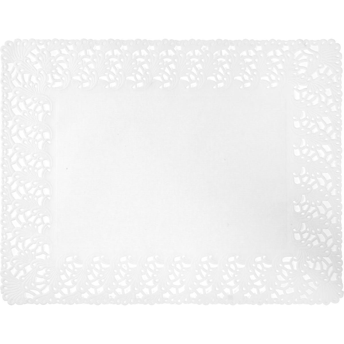 Die Duni GmbH Tortenspitzen Rechteckig 35 x 45 cm weiß (Packung mit 250 Stück) zeichnen sich durch einen eleganten, spitzen Rand und eine glatte Mitte aus - ideal für die stilvolle Präsentation von Speisen.