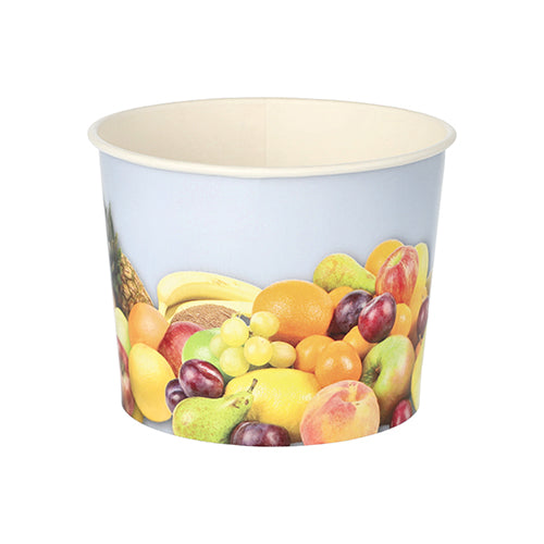 Der Starpak 50 Eisbecher aus Pappe ist ein umweltfreundlicher, runder Einweg-Eisbecher mit hellblauem Hintergrund und Fruchtmotiven (Trauben, Äpfel, Orangen, Bananen, Pfirsiche) und steht leer auf weißer Oberfläche.