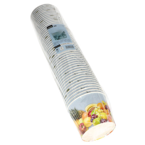 Eine Packung mit 50 runden Einweg-Eisbechern aus Papier von Starpak, jeder mit verschiedenen Fruchtbildern auf der Seite, in Plastik eingewickelt.