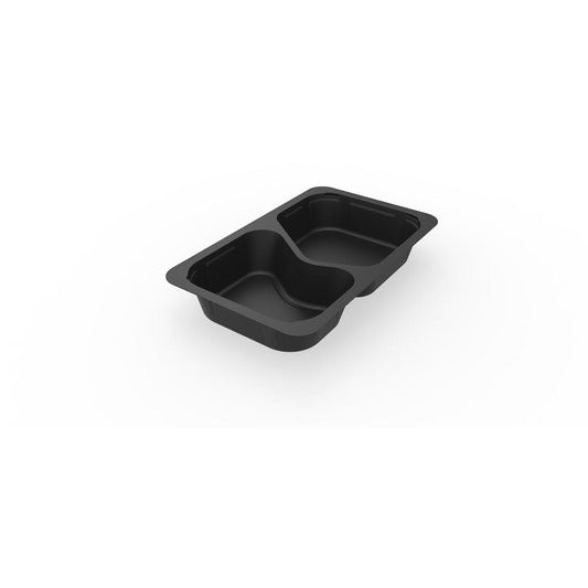 Eine 1/4 GN Menüschalen 2 Schwarz PP/MIN (265x162x43 mm) der Duni GmbH mit zwei abgerundeten Fächern, ideal für den gastronomischen Einsatz, steht auf weißem Grund. Die Packung enthält 225 Stück.
