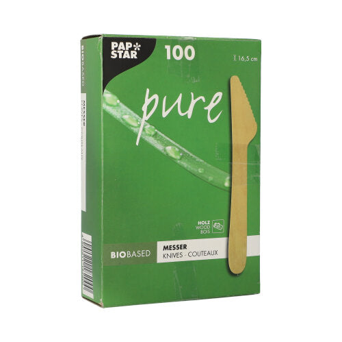 Die PAPSTAR „pure“ Messer Holz 16,5 cm (100 Stück) kommen in einer grünen Box mit mehrsprachigen Informationen und einem Holzmesserbild und bieten eine umweltfreundliche Alternative. Marke: PAPSTAR GmbH.
