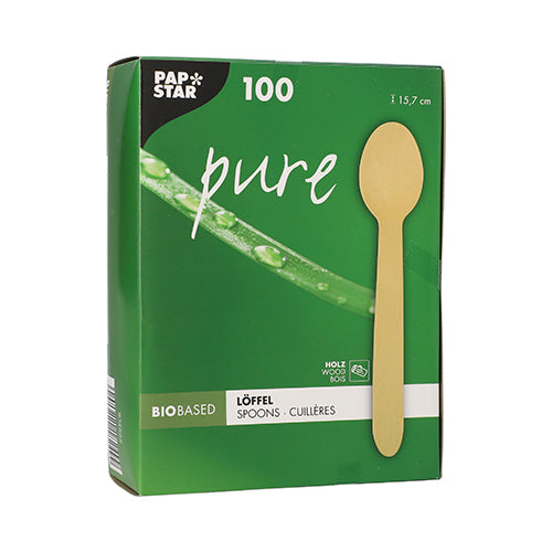 Der PAPSTAR 100 Löffel, Holz „pure“ 15,7 cm (Faltschachtel) von der PAPSTAR GmbH kommt in einer grünen Box mit Bildern und Texten, die das Holzmaterial hervorheben – ideal für den täglichen Gebrauch. Jede Packung enthält 100 umweltfreundliche Löffel.