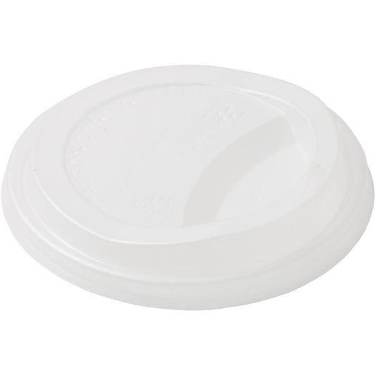 Ein weißer CPLA Deckel für 182576 von Duni GmbH (Packung: 50 Stück) mit erhabenem Rand und ovalem Trinkloch, abgebildet auf weißem Hintergrund-umweltfreundlich & biologisch abbaubar für nachhaltigen Kaffeegenuss.
