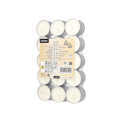 Starpak 30 weiße Teelichte (Ø 37 mm, 16 mm) in Aluminiumbechern, sicher auf Kunststofftablett in Schrumpffolie verpackt; Etikett mit Produktinfos und Anleitungen in mehreren Sprachen obenauf.