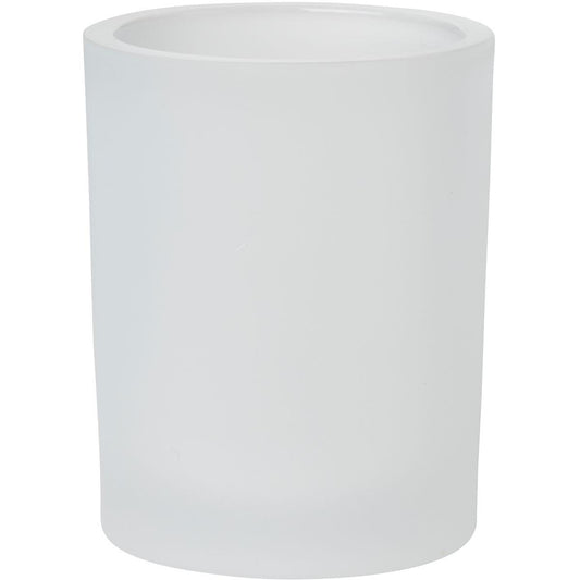 Der Kerzenhalter Flexible 100 x 80 mm von Duni GmbH aus weißem, gefrostetem Glas steht aufrecht vor weißem Hintergrund - perfekt als stilvolle Kerzen Deko für jedes Zimmer geeignet.