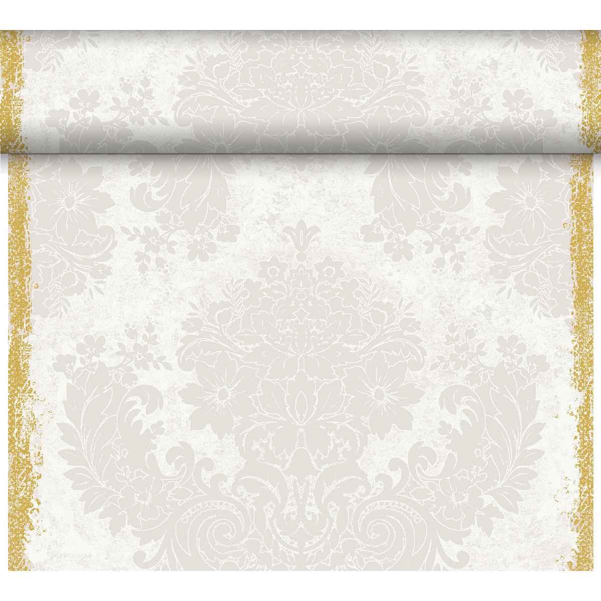 Eine Tapetenrolle mit hellbeigem Blumendamast und Goldbordüren, perfekt für eine klassische Tischdekoration oder in Kombination mit dem Dunicel-Tischläufer Tête-à-Tête 24 m × 0,4 m (Duni GmbH) für ein elegantes Ambiente.