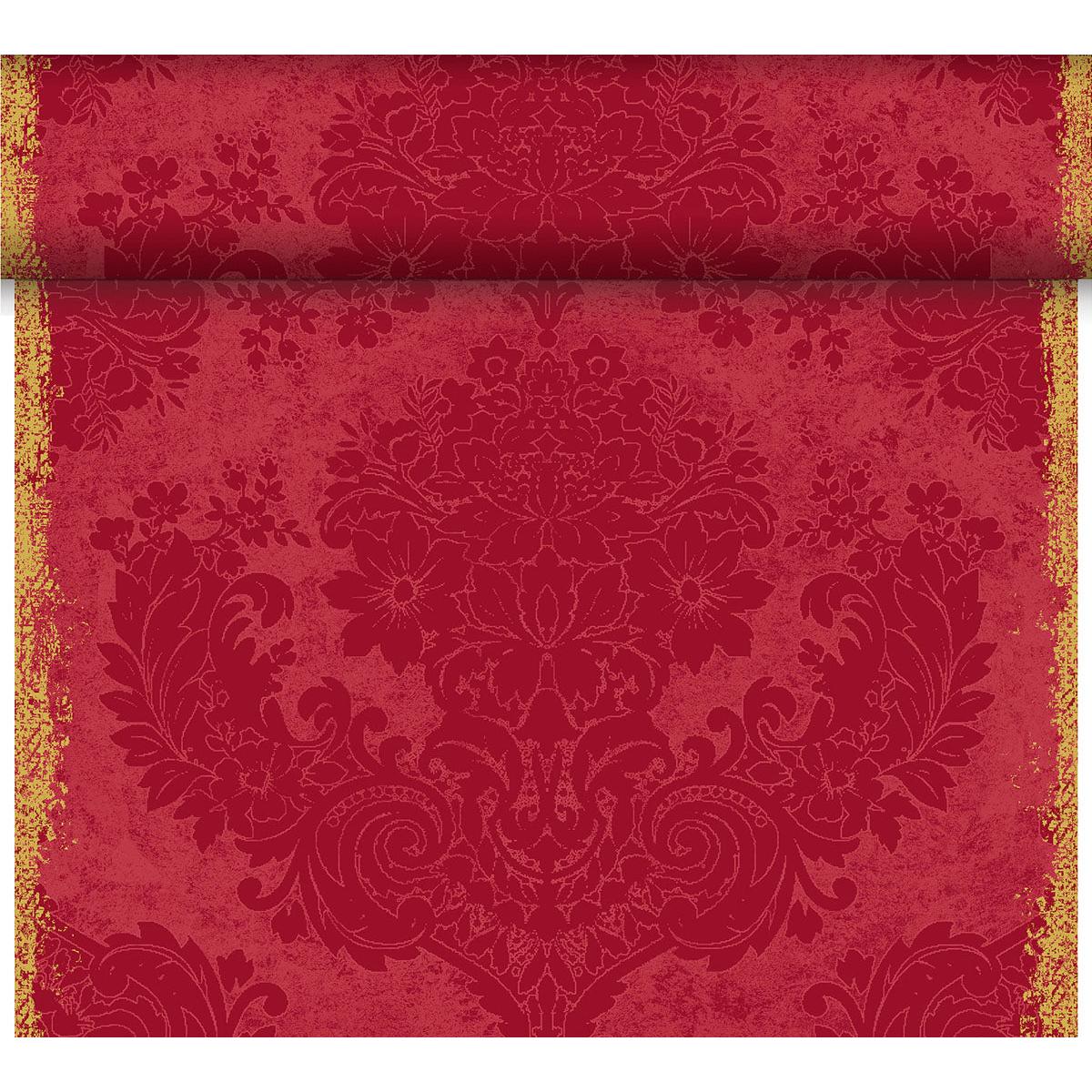 Der Dunicel-Tischläufer Tête-à-Tête (24 m x 0,4 m, 20 Abschnitte) der Duni GmbH besticht durch sein rot-goldenes, florales Damastdesign mit Used-Optik - ideal für eine elegante Tischdekoration oder als stilvolle Ergänzung für jedes Ambiente.