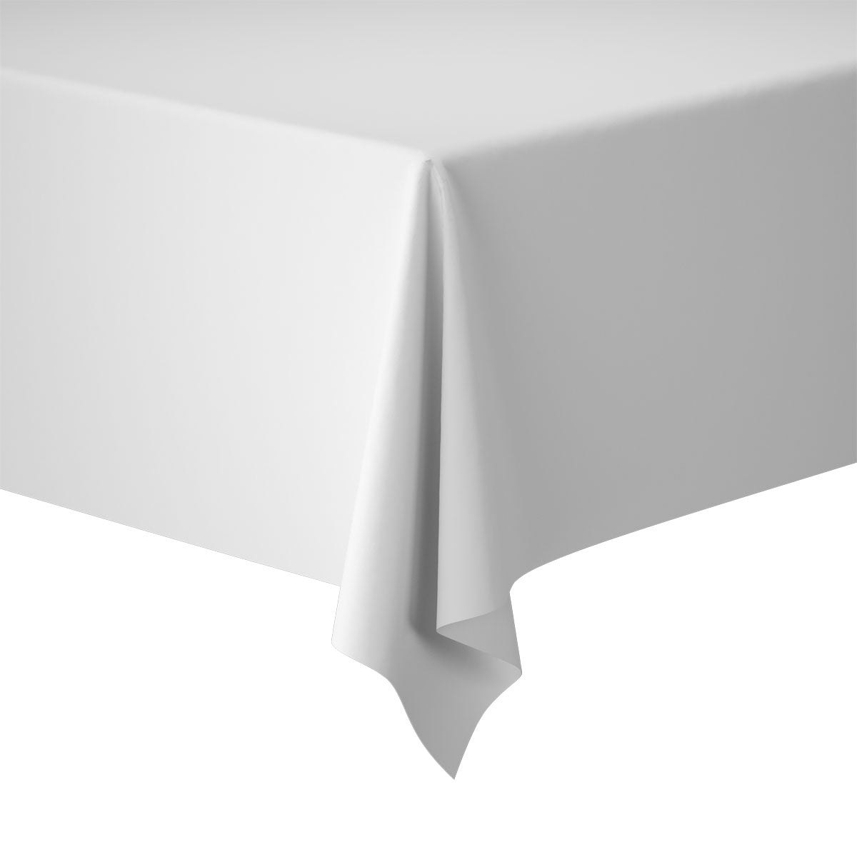 Ein schlichter, weißer, rechteckiger Tisch, drapiert mit einer glatten Duni GmbH Evolin-Tischdeckenrolle 1,20 m x 20 m, hängt gleichmäßig über den Rand, dargestellt vor einem weißen Hintergrund - perfekt für eine elegante Tischdekoration.