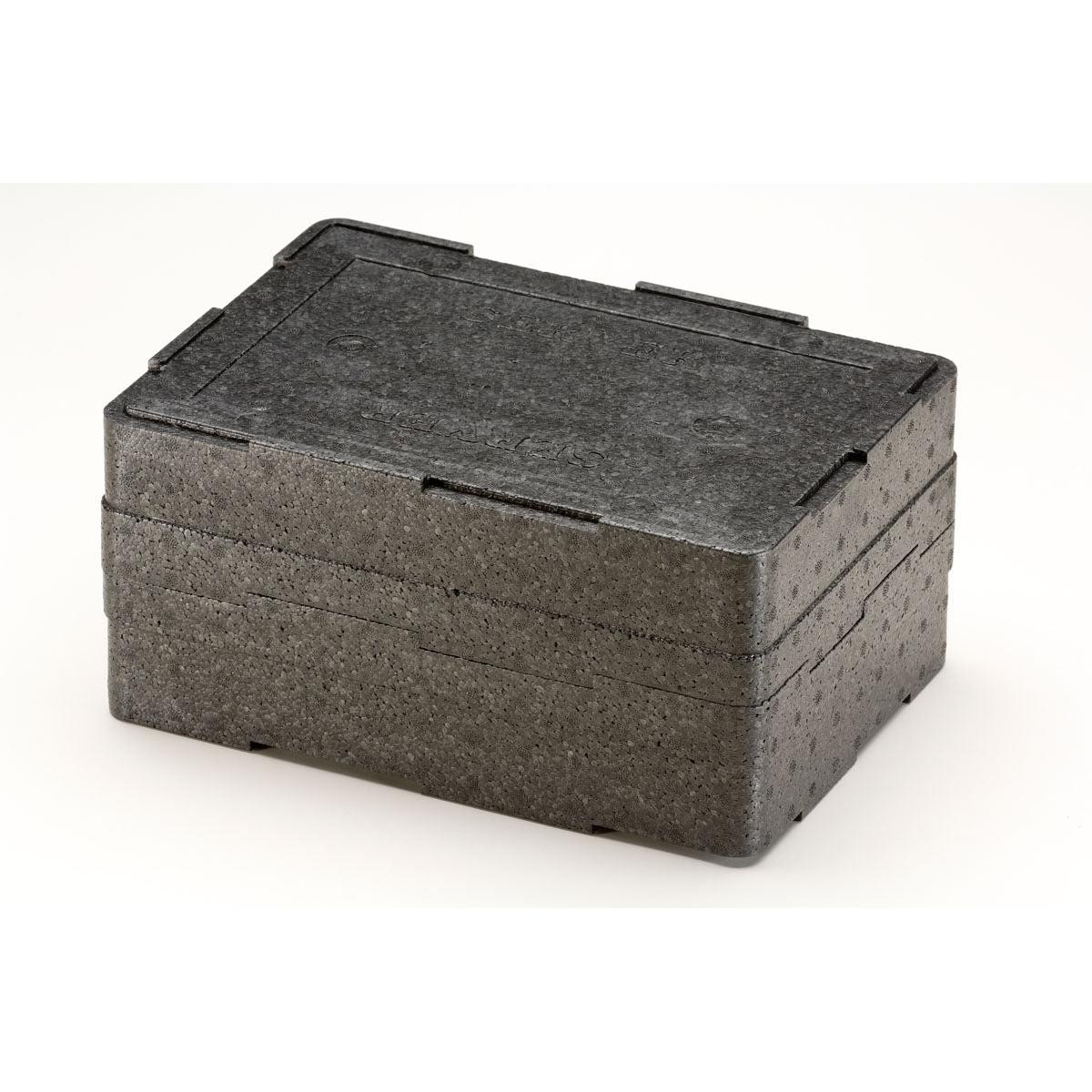 Die schwarze rechteckige Thermobox 1 Schwarz EPP der Duni GmbH aus strukturiertem Material mit aufgesetztem Deckel steht auf einem weißen Hintergrund. Diese EPP Isolierbox ist perfekt, um Gegenstände während des Transports sicher und isoliert aufzubewahren.