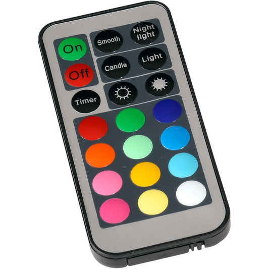 Die Duni GmbH LED-Fernbedienung (40 x 85 mm, mehrfarbig) hat klare Texte/Icons für Power, Lichtmodi, Timer, Helligkeit und 12 mehrfarbige Kreise zur einfachen Auswahl der LED-Beleuchtung.