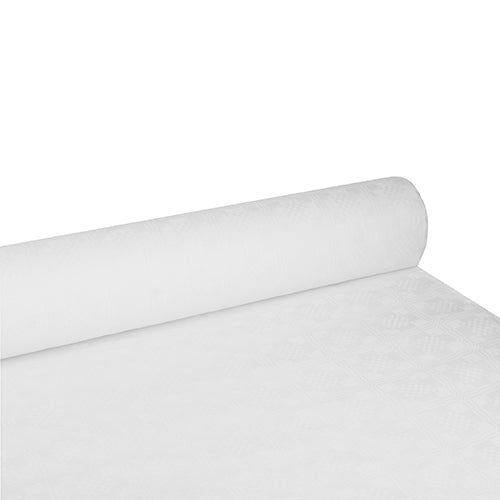 Eine Nahaufnahme einer großen Rolle PAPSTAR Papiertischtuch mit Damastprägung (100 m x 1,2 m, weiss | Folie, 1 Rolle) von der PAPSTAR GmbH, teilweise abgerollt, um das dezente Strukturmuster freizugeben.